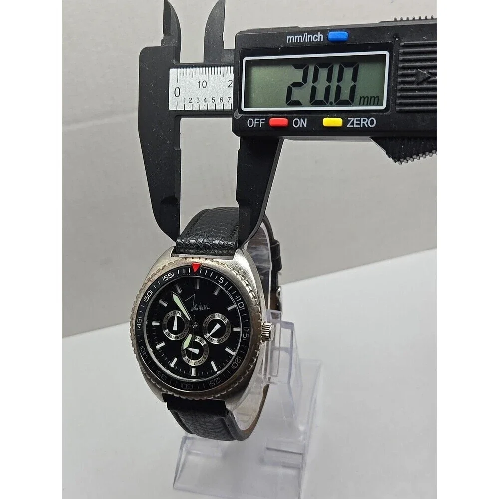 John Weitz JW209 Mens Day Date 24 Hour Black Dial Leather Wristwatch New Battery